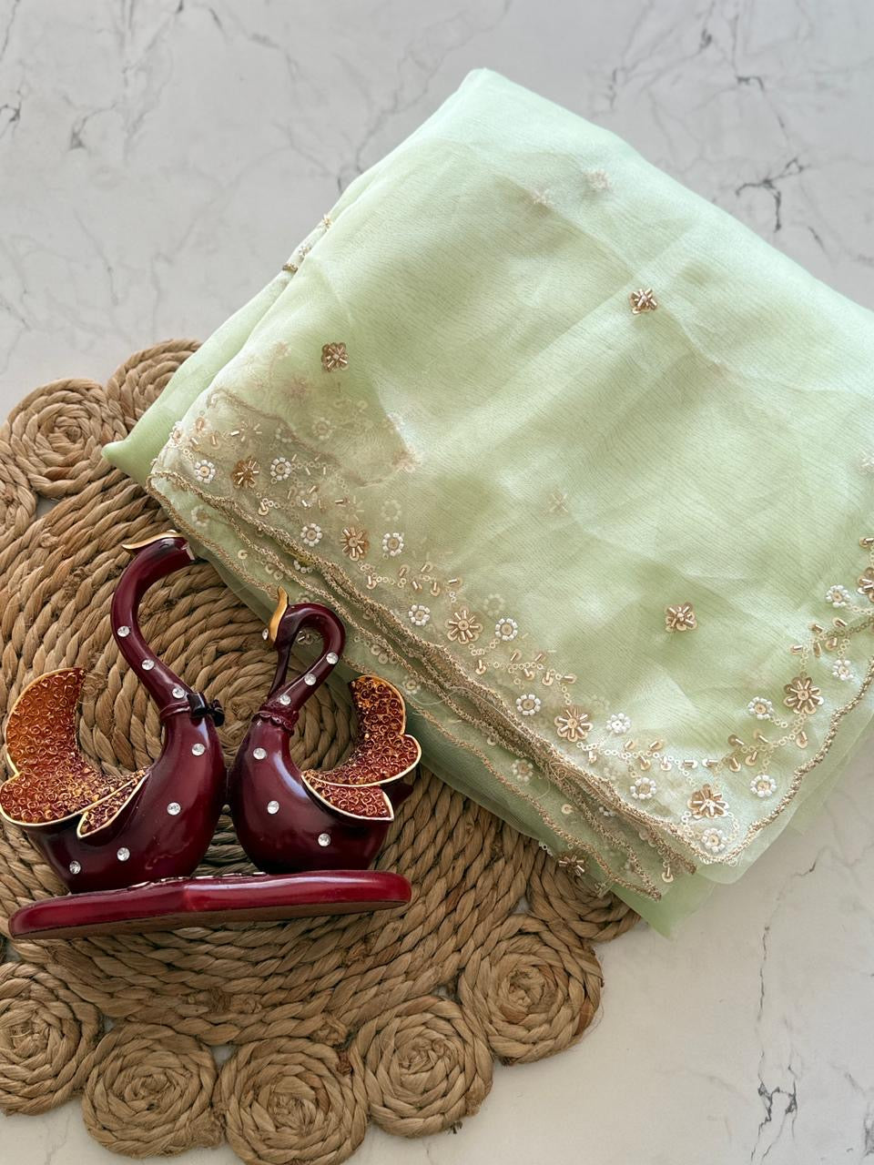Premium semi organza Tissue saree in Pastel Shades With beads Work And Scallop border