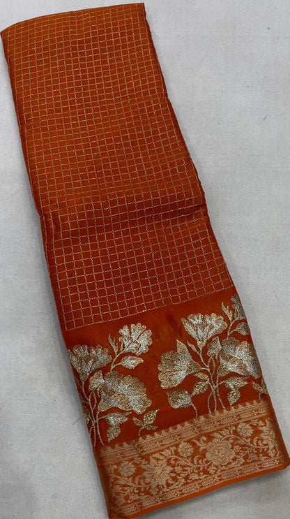 Gorgeous premium viscous chinon silk saree with zari checks and embroidered border