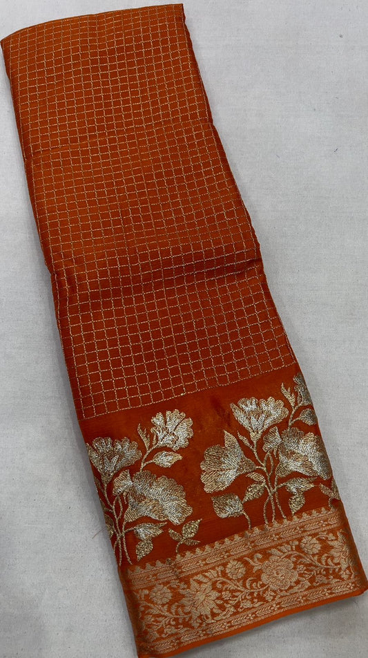 Gorgeous premium viscous chinon silk saree with zari checks and embroidered border