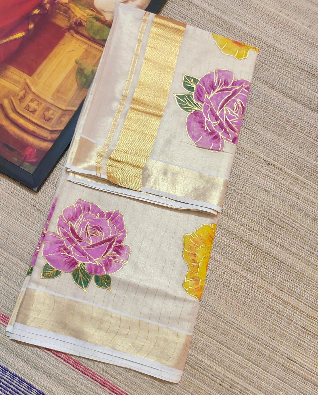 Premium Tissue Striped Saree with Rose Embroidery