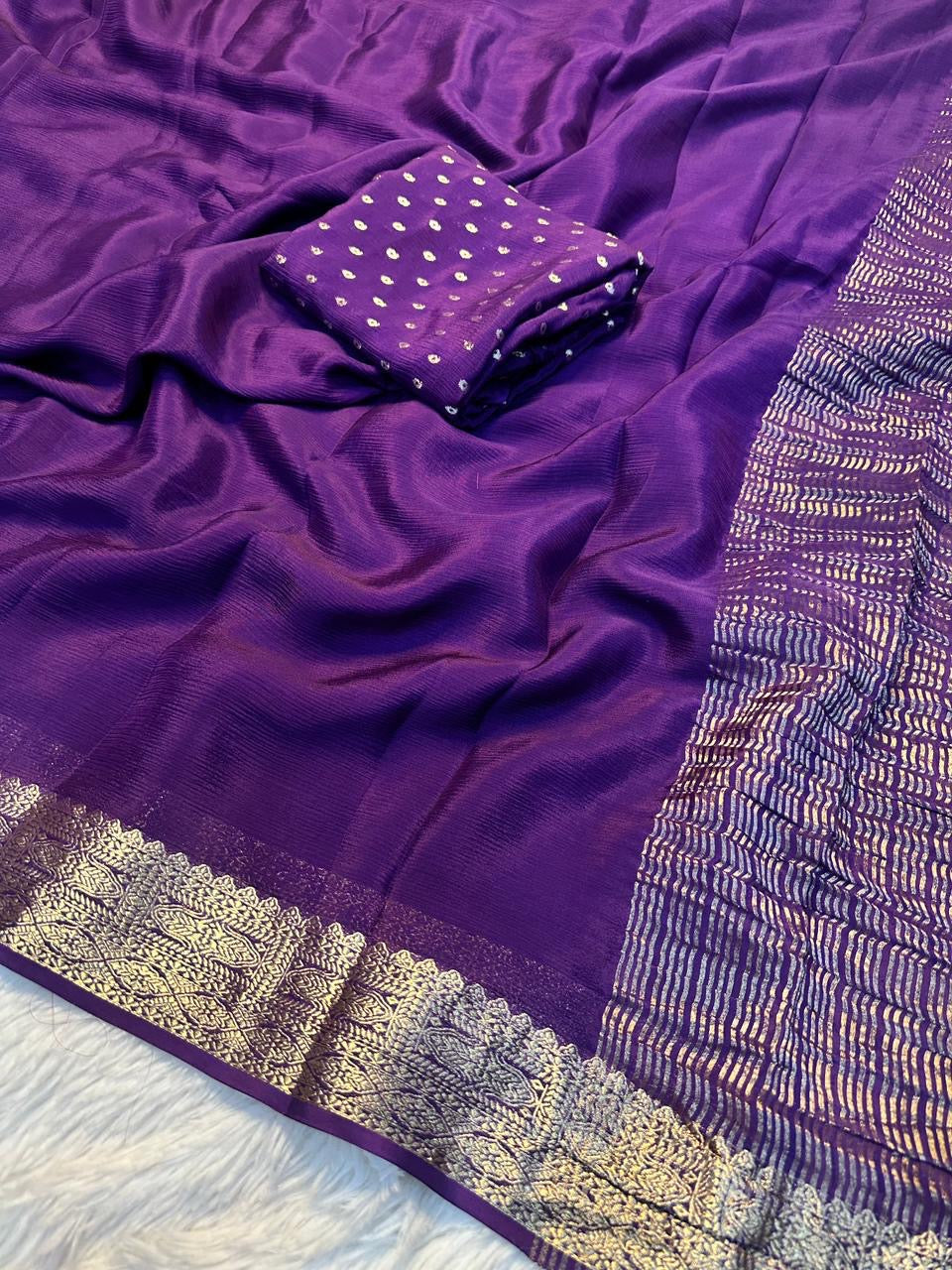 Premium viscous chinon blend saree with zari weaved border