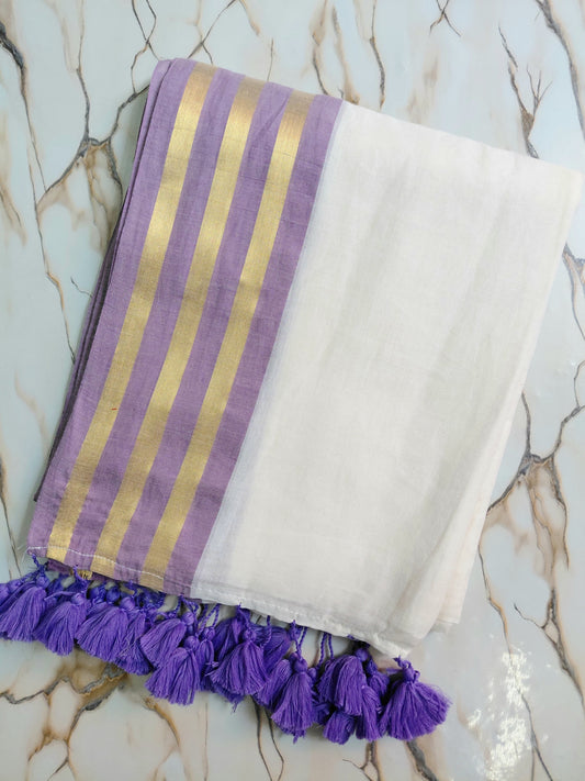 Pure authentic mul cotton saree with lavender border