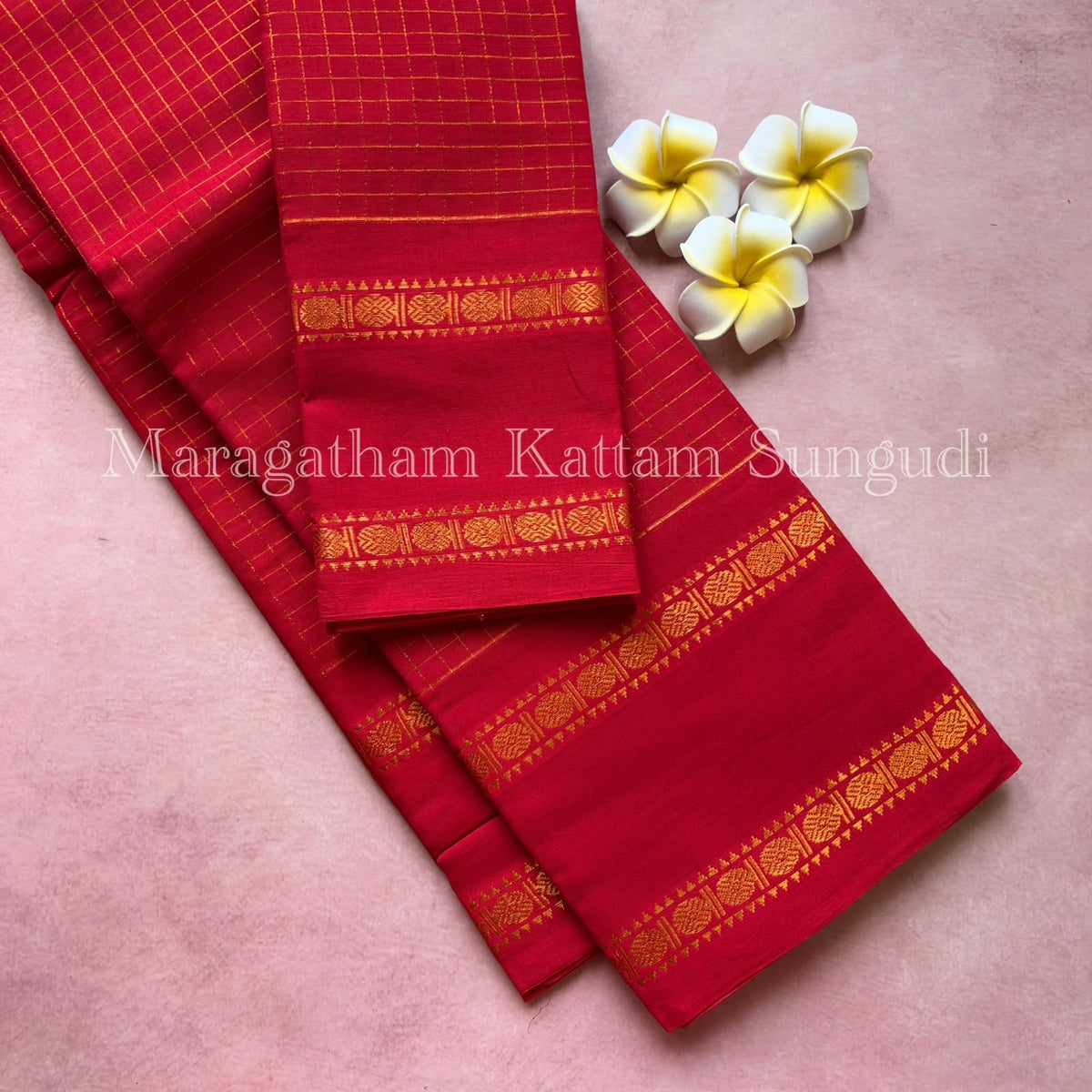 Premium pure sungudi cotton saree with checks and double rudraksham border