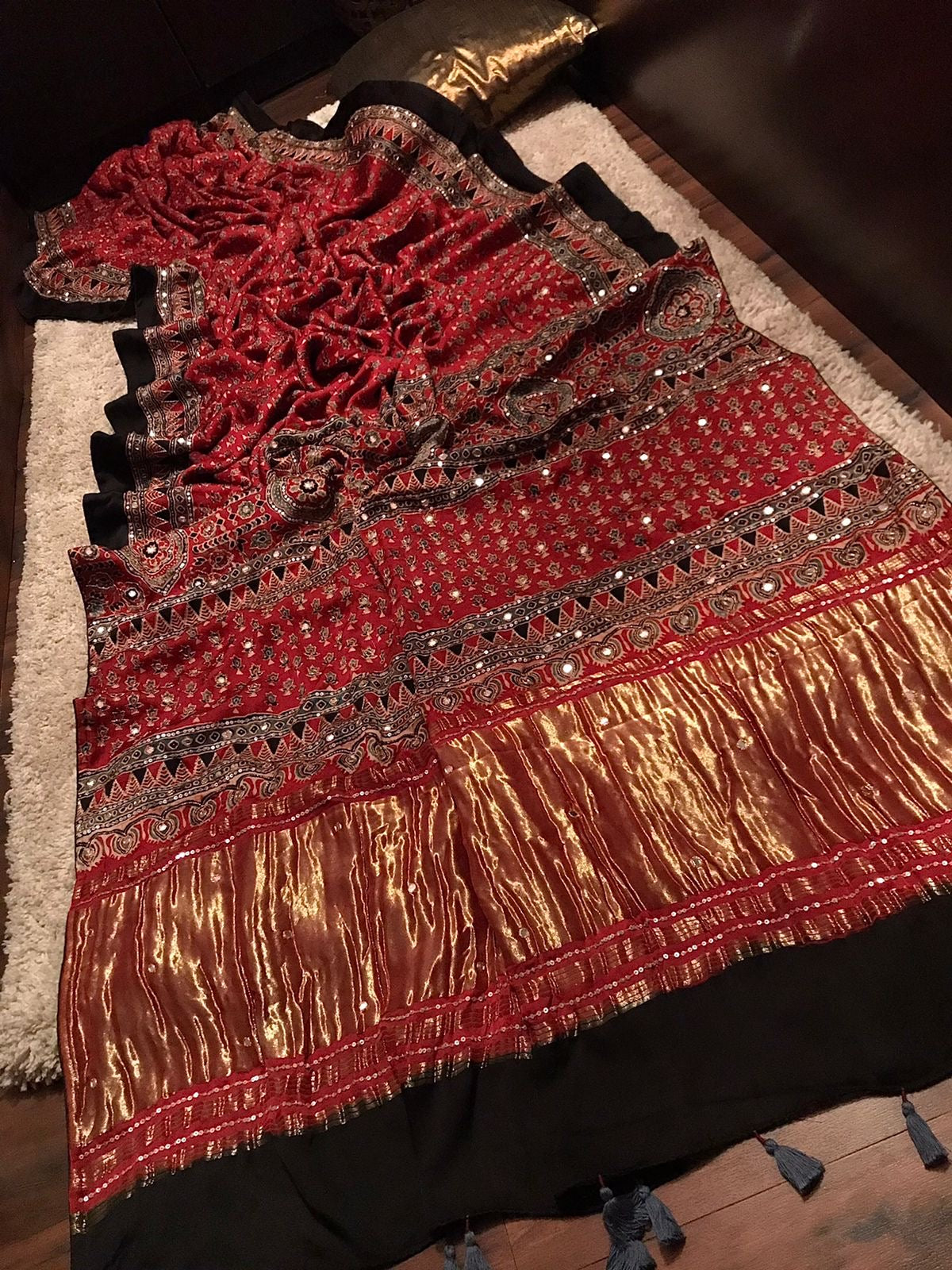 Pure Handblock ajrakh print mirror work modal silk saree (Prebooking 35 days)
