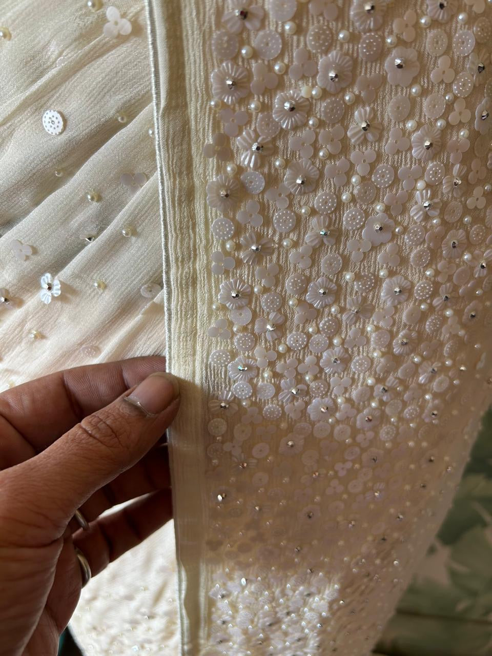 Pure Chinnon Silk saree with pearl sequins handwork