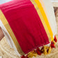 Pure and authentic mul cotton saree with zari stripes all over body and red yellow border