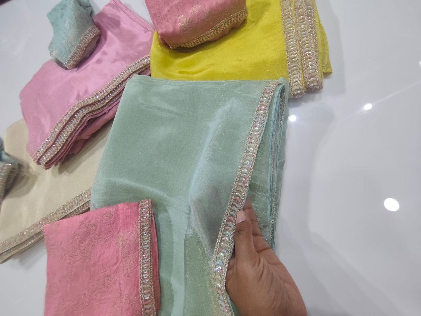 Pure tissue silk saree with handwork cutdana border and Banarasi weaving blouse