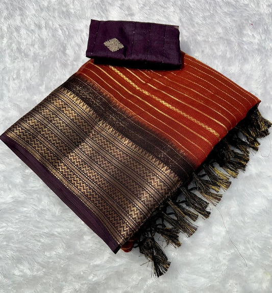 Beautiful semi dola silk saree in rust orange and brown