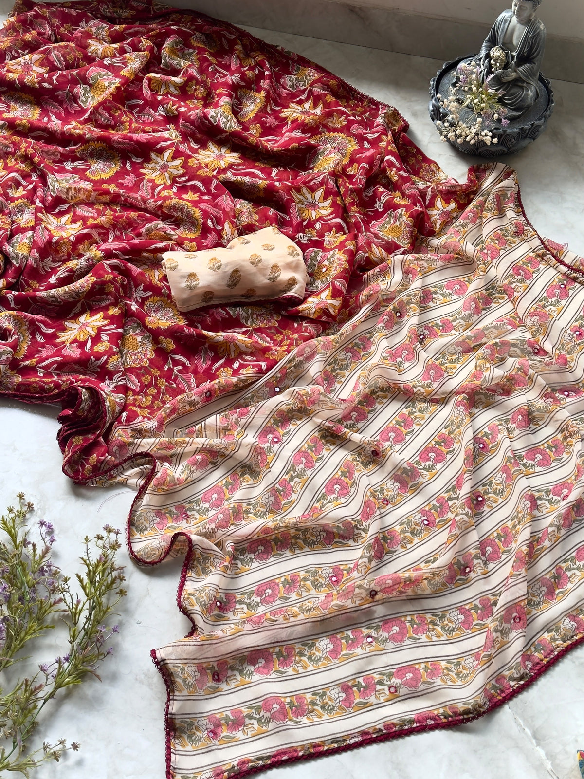 Beautiful georgette saree with kalamkari prints and lace detailing border
