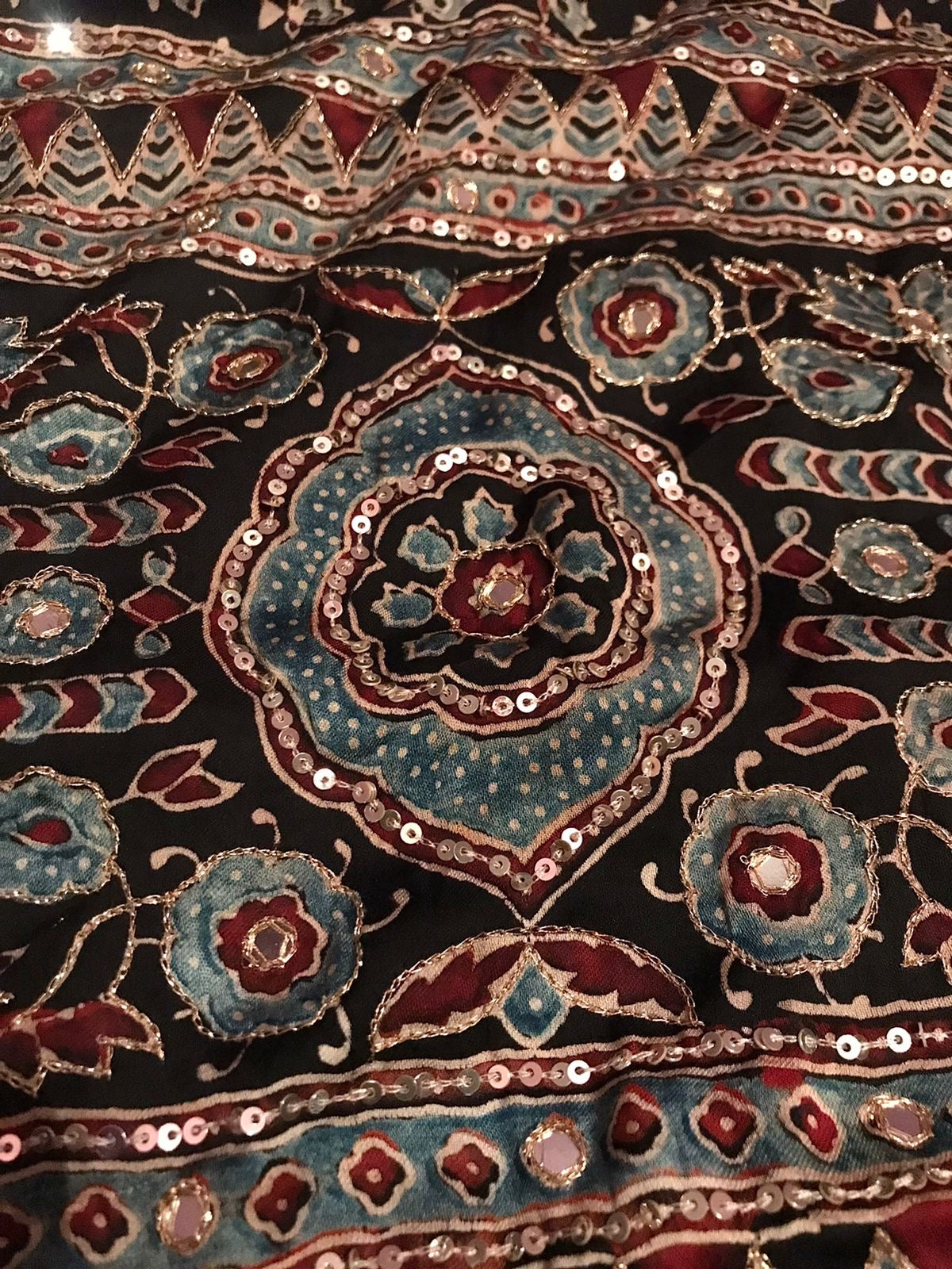 Pure Handblock ajrakh print mirror work modal silk saree (Prebooking 35 days)