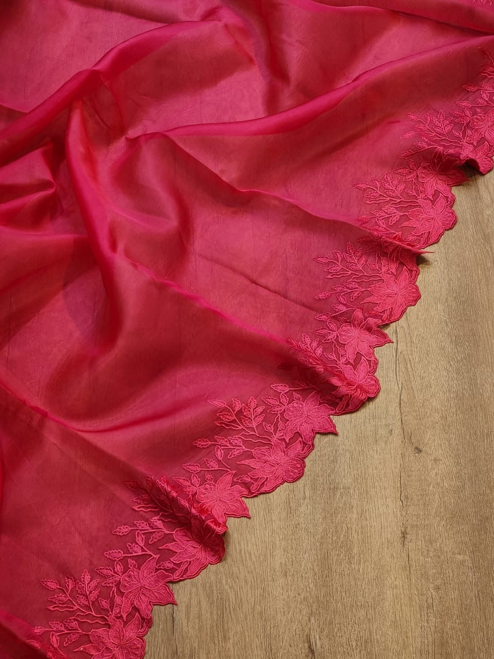 Pure organza silk saree with embroidery scallop border