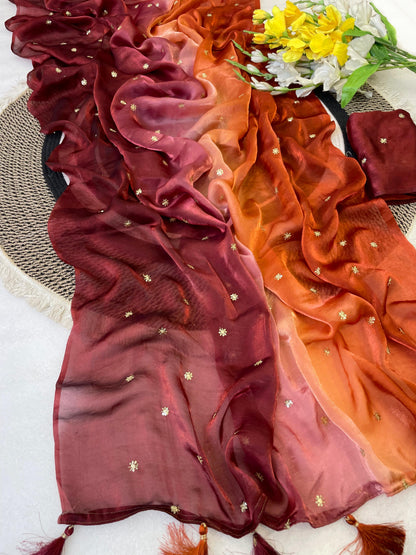 Ombré shaded fendi satin shimmer saree with sequins embroidery