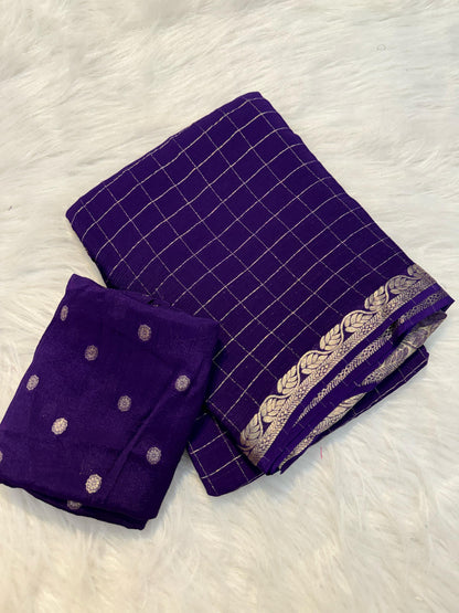 Soft Viscous crushed chinon silk checks saree