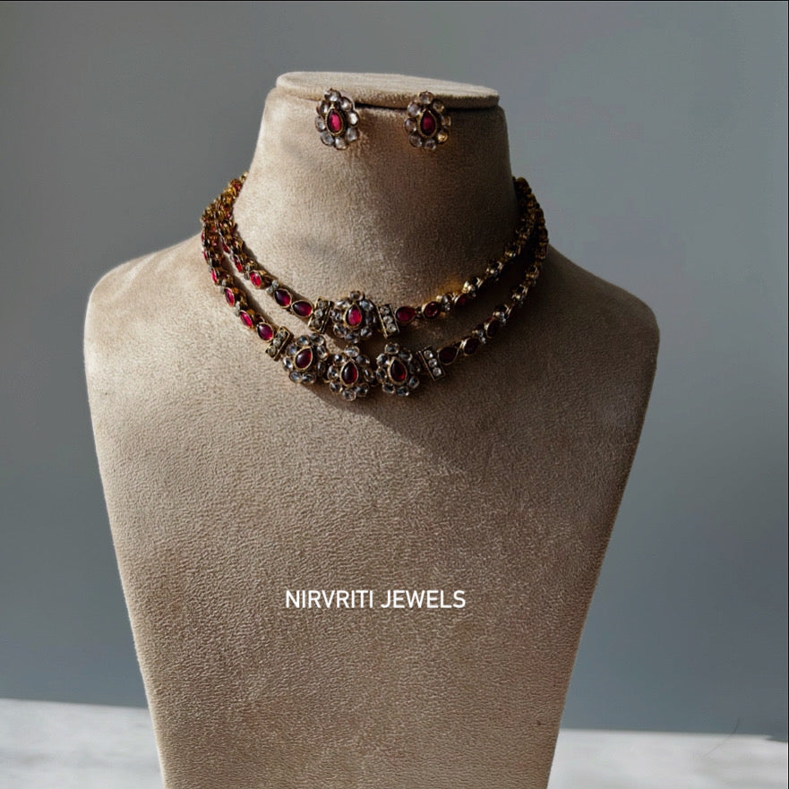 A dual-layered kundan necklace adorned with ruby stones