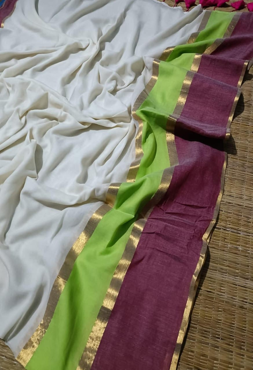 Pure mul cotton saree with dual shade border- wine & green