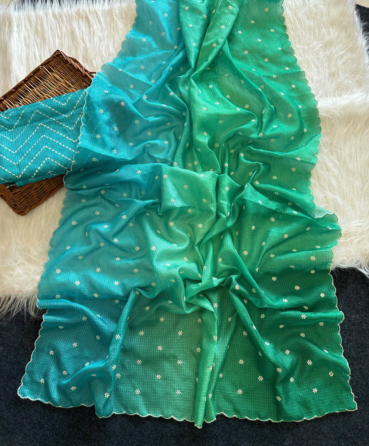 Beautiful kota doria saree with white buti weaving and scalloped border