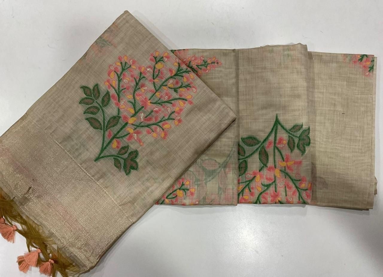 Soft off white muga cotton saree with floral weavings