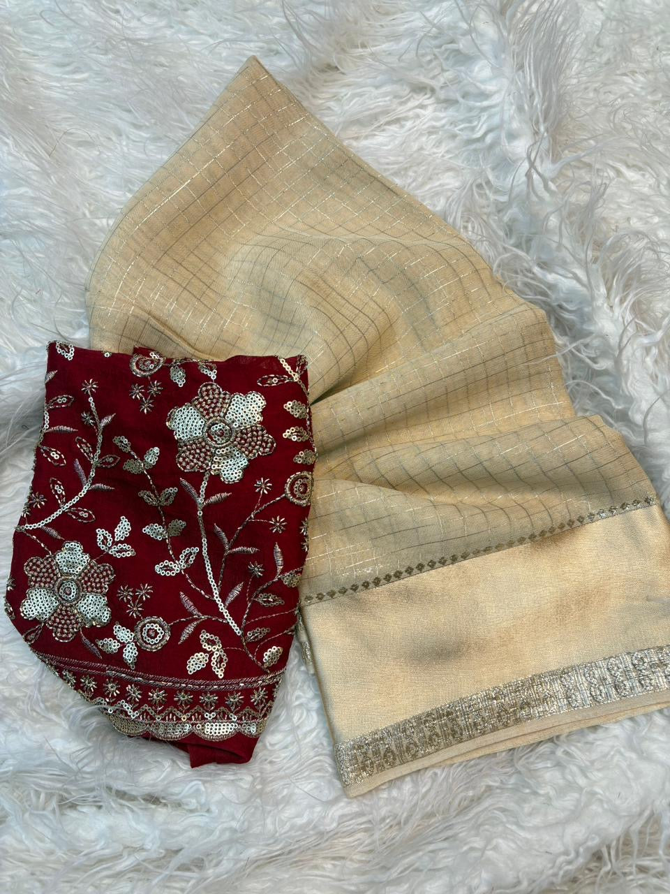 Budget friendly onam collections - beautiful viscous georgette checks saree with satin border and maroon designer blouse piece