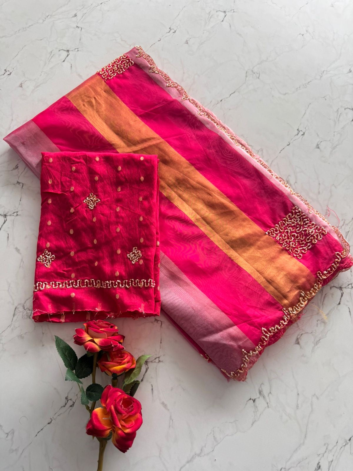 Beautiful viscose organza saree with khatli handwork and scalloped border