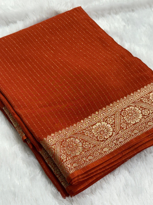 Premium viscous chinon silk with lurex zari lines