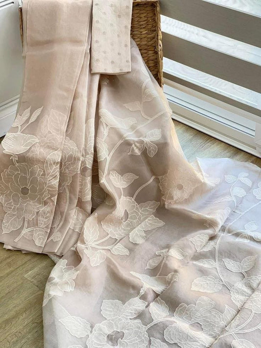 Banarasi organza saree with appliqué work
