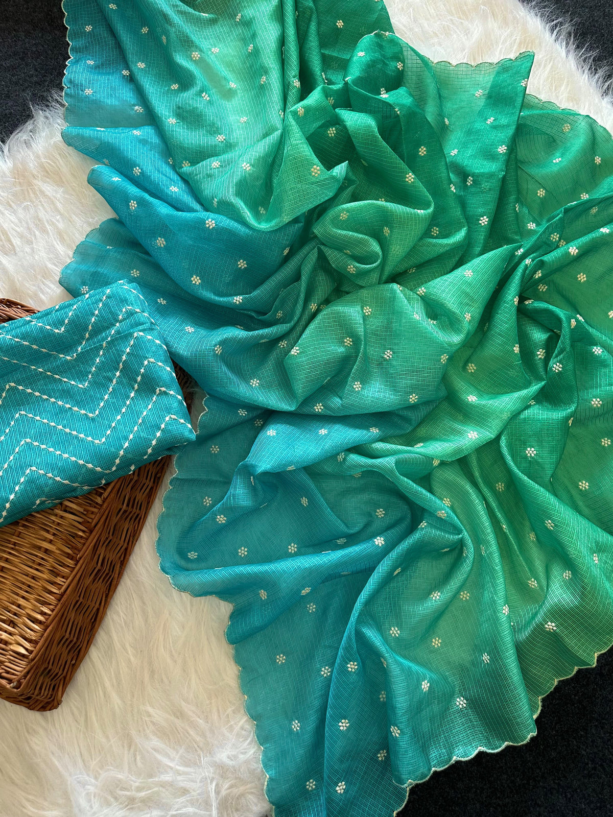 Beautiful kota doria saree with white buti weaving and scalloped border