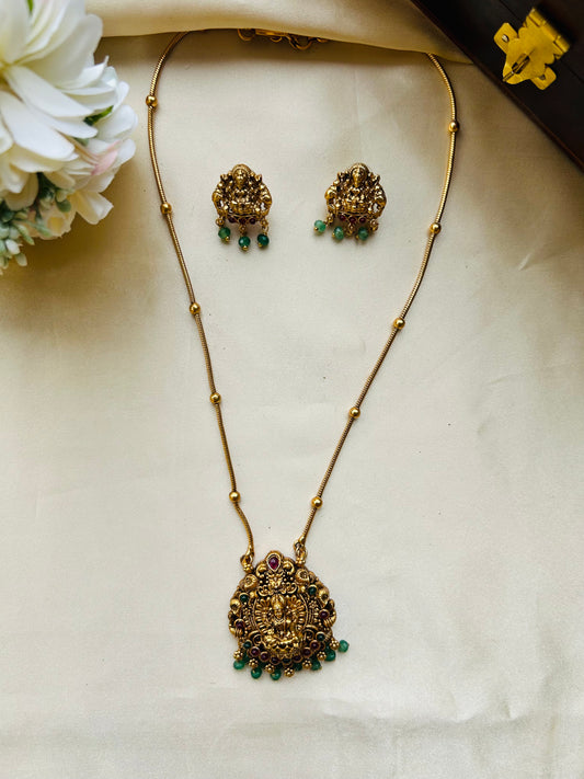 Beautiful Lakshmi temple pendant beaded chain - green