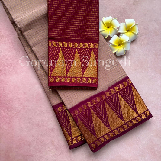 Pure sungudi cotton saree with mini checks and gopuram border
