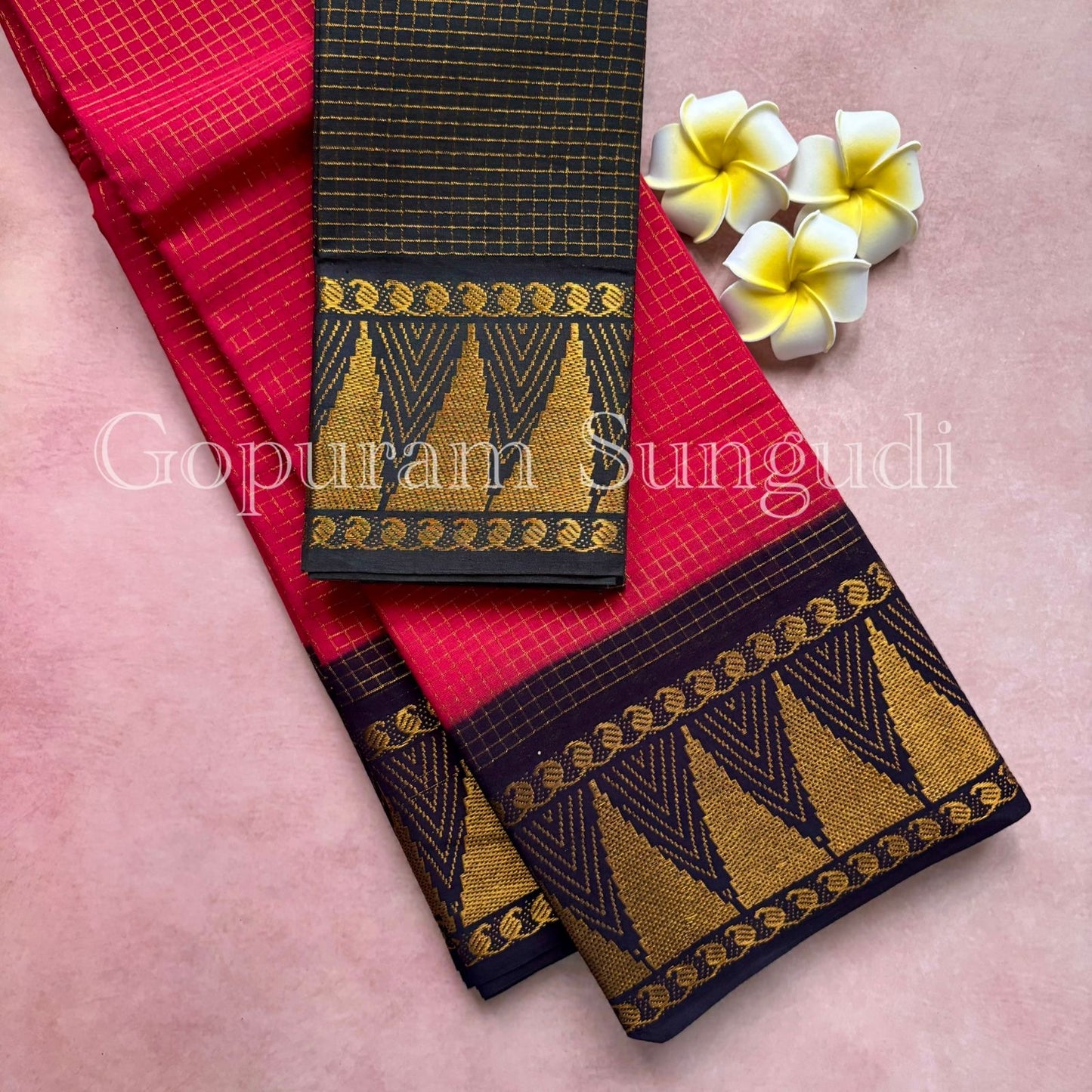 Pure sungudi cotton saree with mini checks and gopuram border