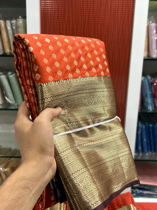 Premium semi Kanchipuram silk saree with 1000 buttas - Rust orange / coffee brown