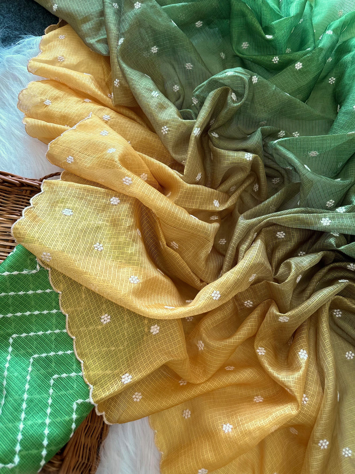 Beautiful kota doria saree with white buti weaving and scalloped border