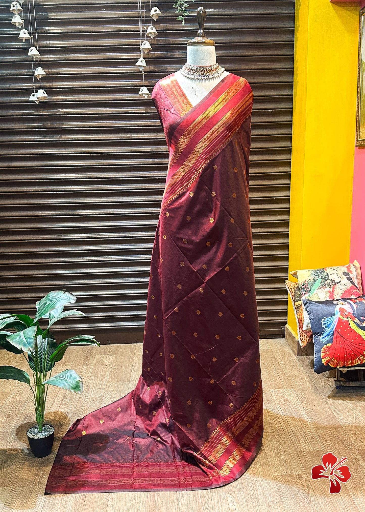 Soft semi silk saree with chakra buttis - maroon