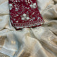 Beautiful soft viscous georgette saree with zari checks weaving and maroon beads work blouse piece