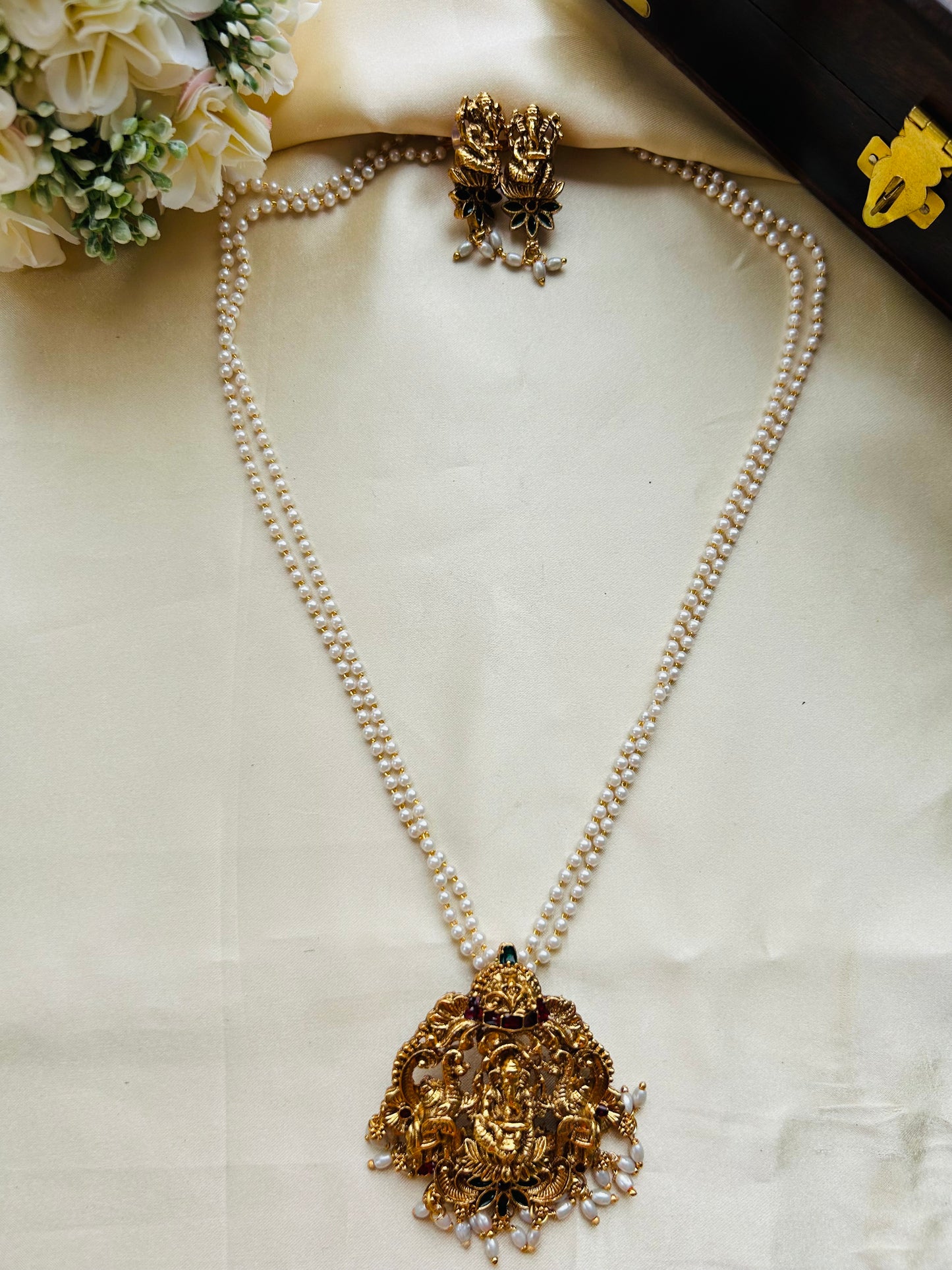 Beautiful Lakshmi temple pendant two string pearl chain