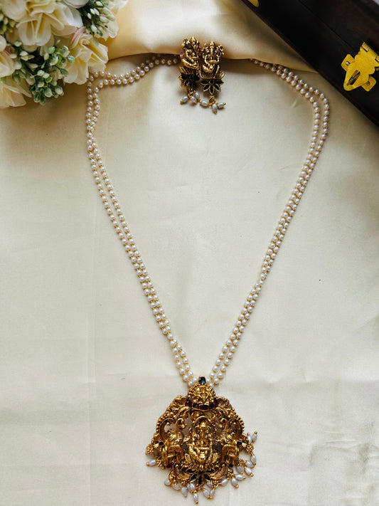 Beautiful Lakshmi temple pendant two string pearl chain