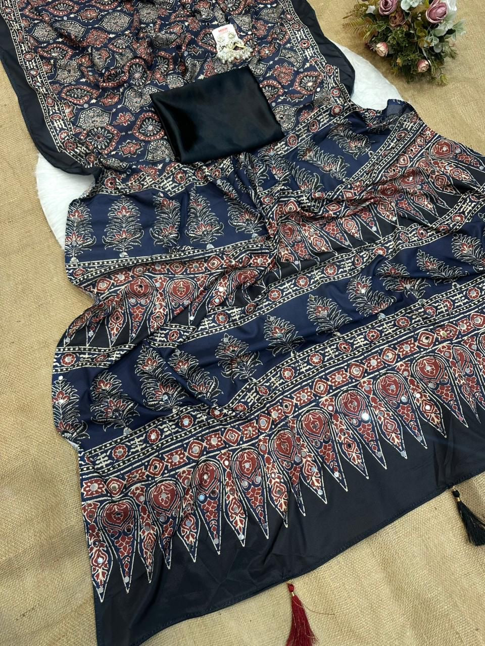 Beautiful semi crepe silk saree with ajrakh prints and mirror work