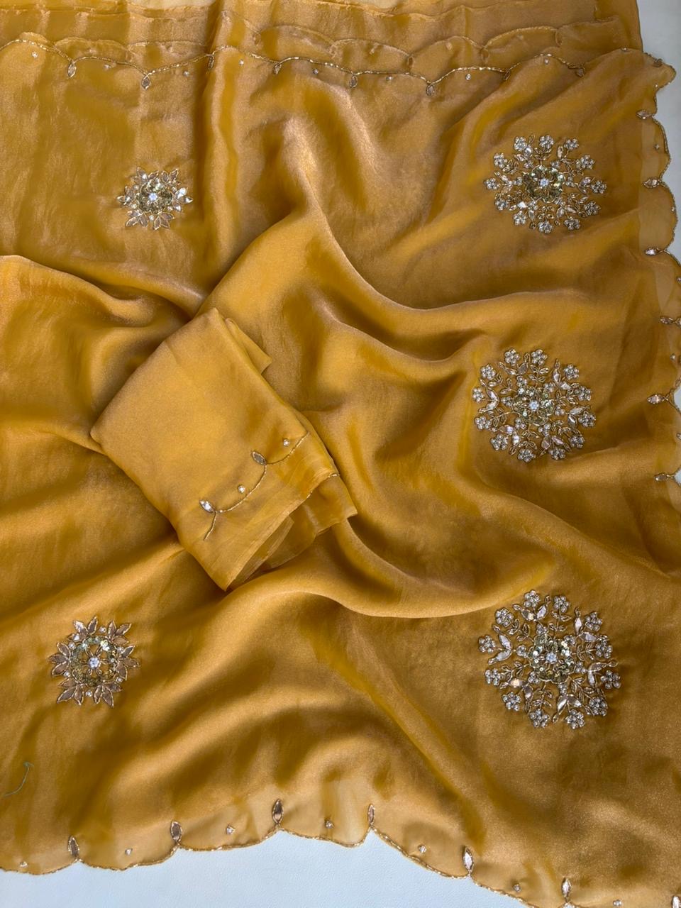 Beautiful soft two tone tissue silk saree with gotta, pearl and sequins work