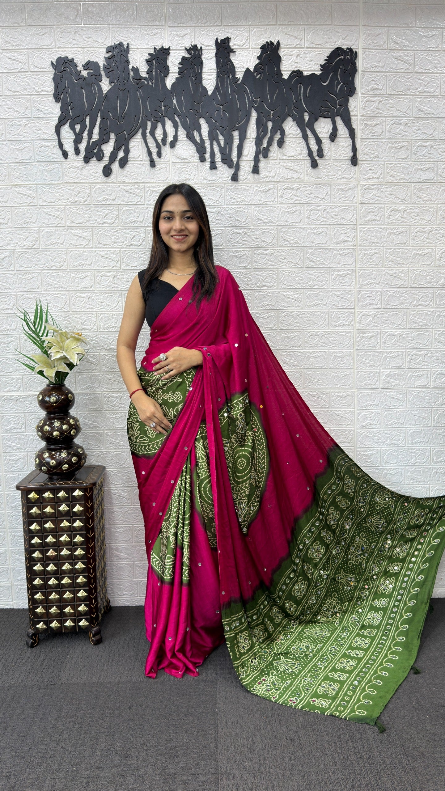 Soft satin crepe silk saree with Beautiful bandhini print and Real mirror work (prebooking)