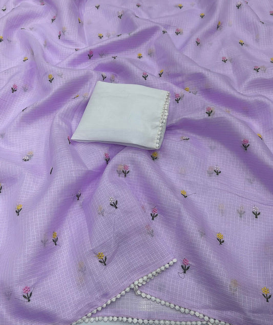 Soft kota saree with small floral butta embroidered body and lace border..