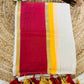 Pure and authentic mul cotton saree with zari stripes all over body and red yellow border