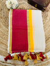 Pure and authentic mul cotton saree with zari stripes all over body and red yellow border