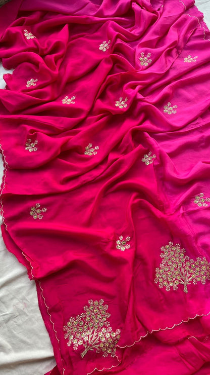 Pure munga silk ombré shaded saree with zardosi work