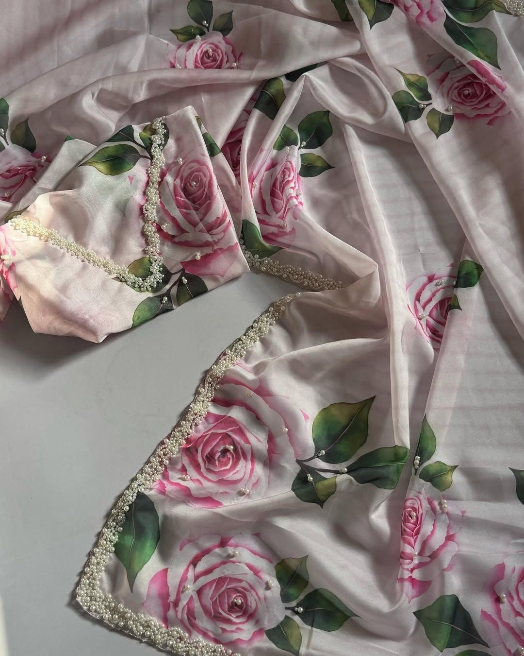 Rose printed soft mul organza saree with handwork