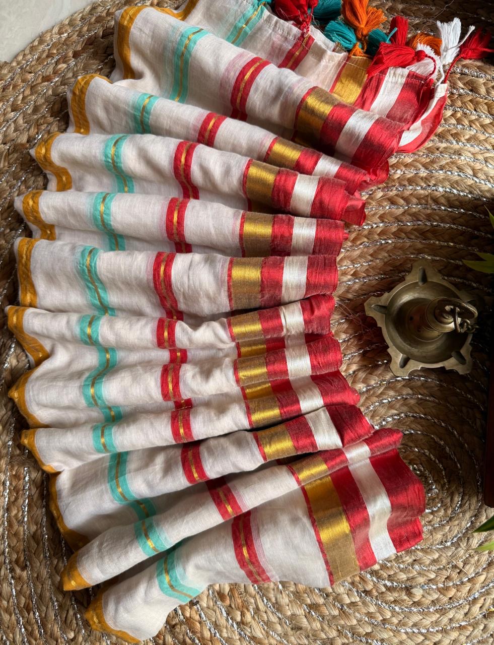 Mul cotton with multi color stripes lined with zari