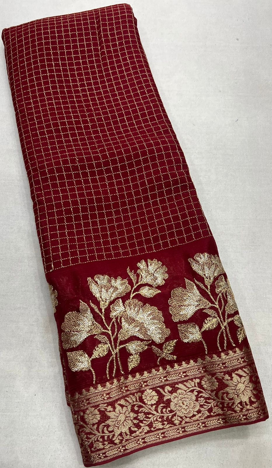 Gorgeous premium viscous chinon silk saree with zari checks and embroidered border