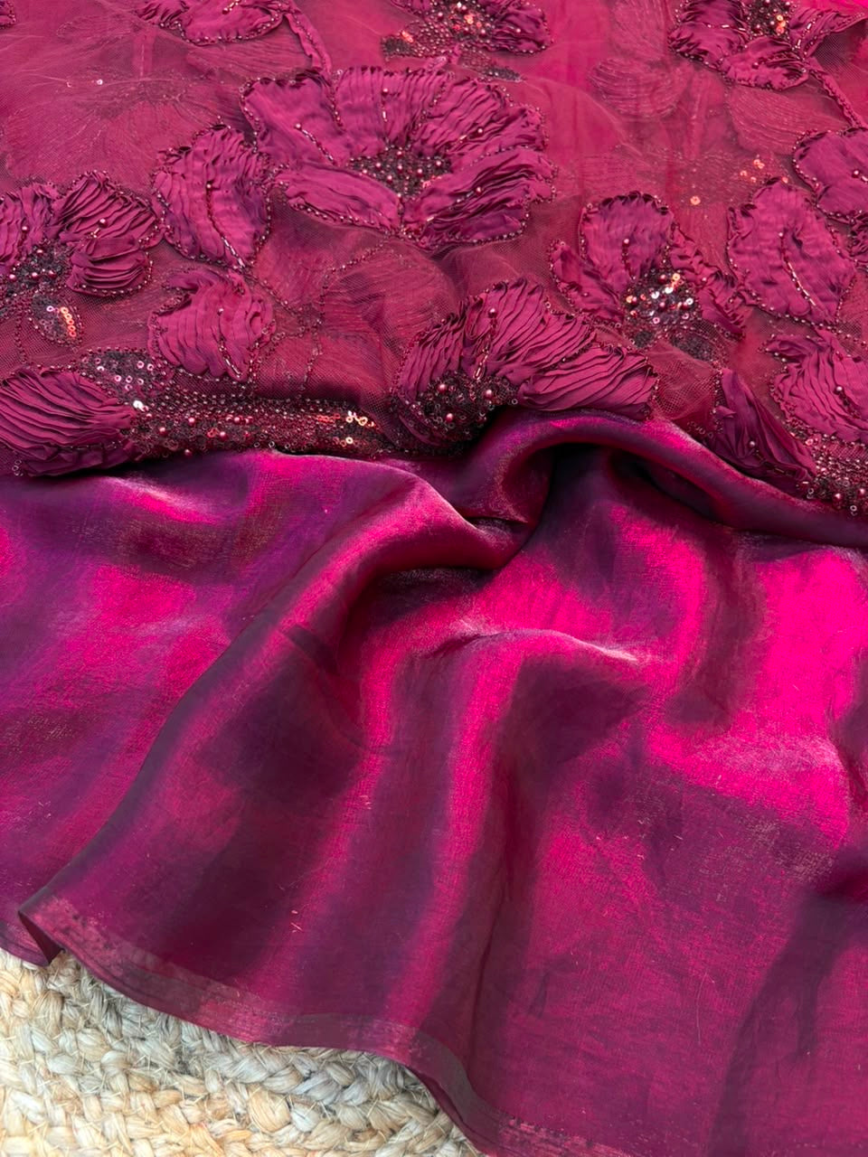 Beautiful plain metallic shimmer saree with designer blouse piece with intricate work