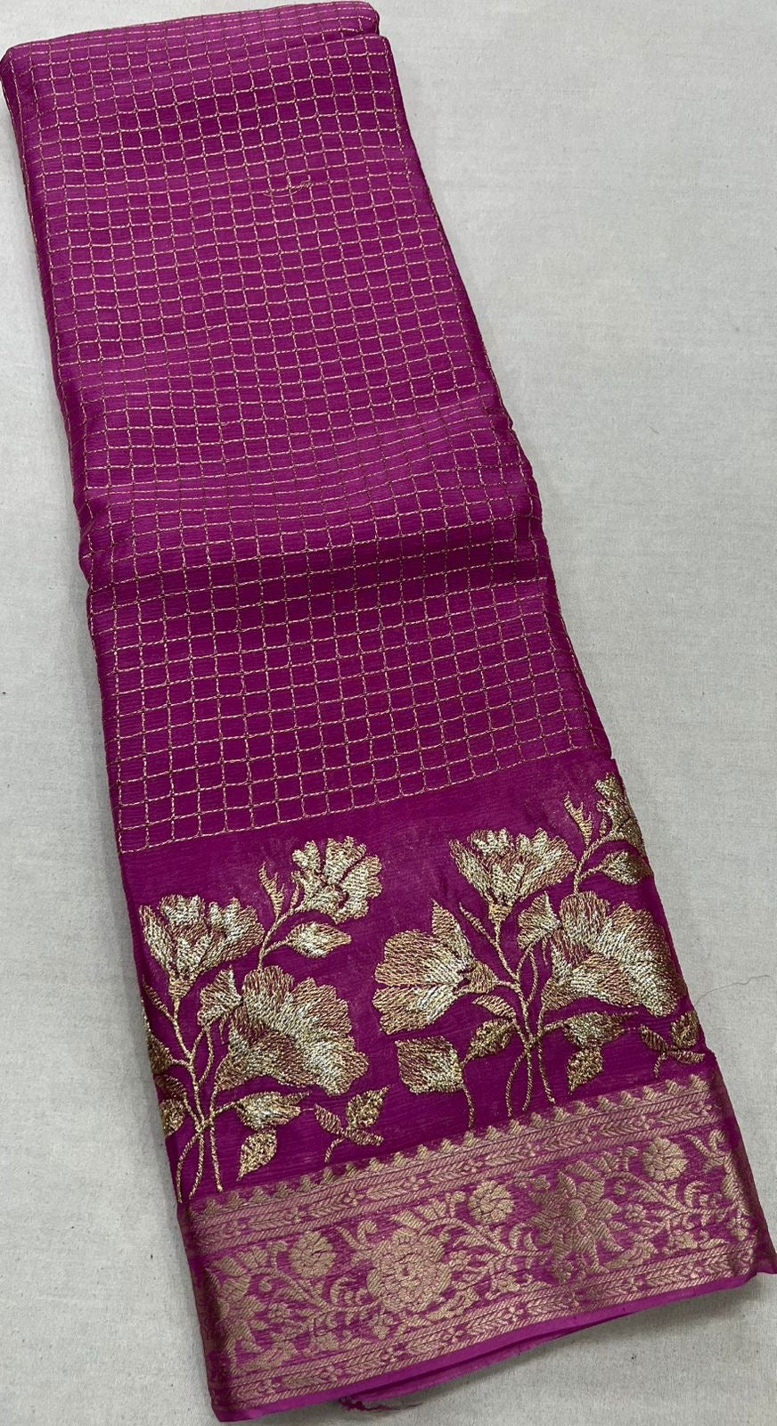 Gorgeous premium viscous chinon silk saree with zari checks and embroidered border