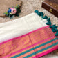Premium pure mul cotton saree with pink and dark teal zari border