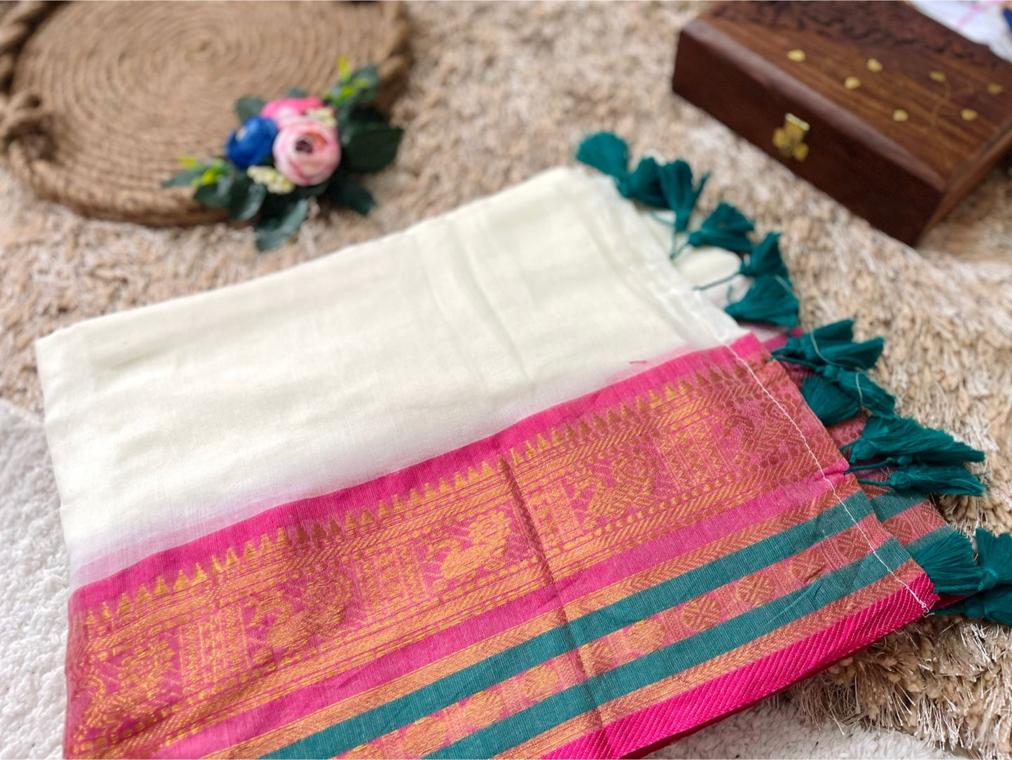 Premium pure mul cotton saree with pink and dark teal zari border