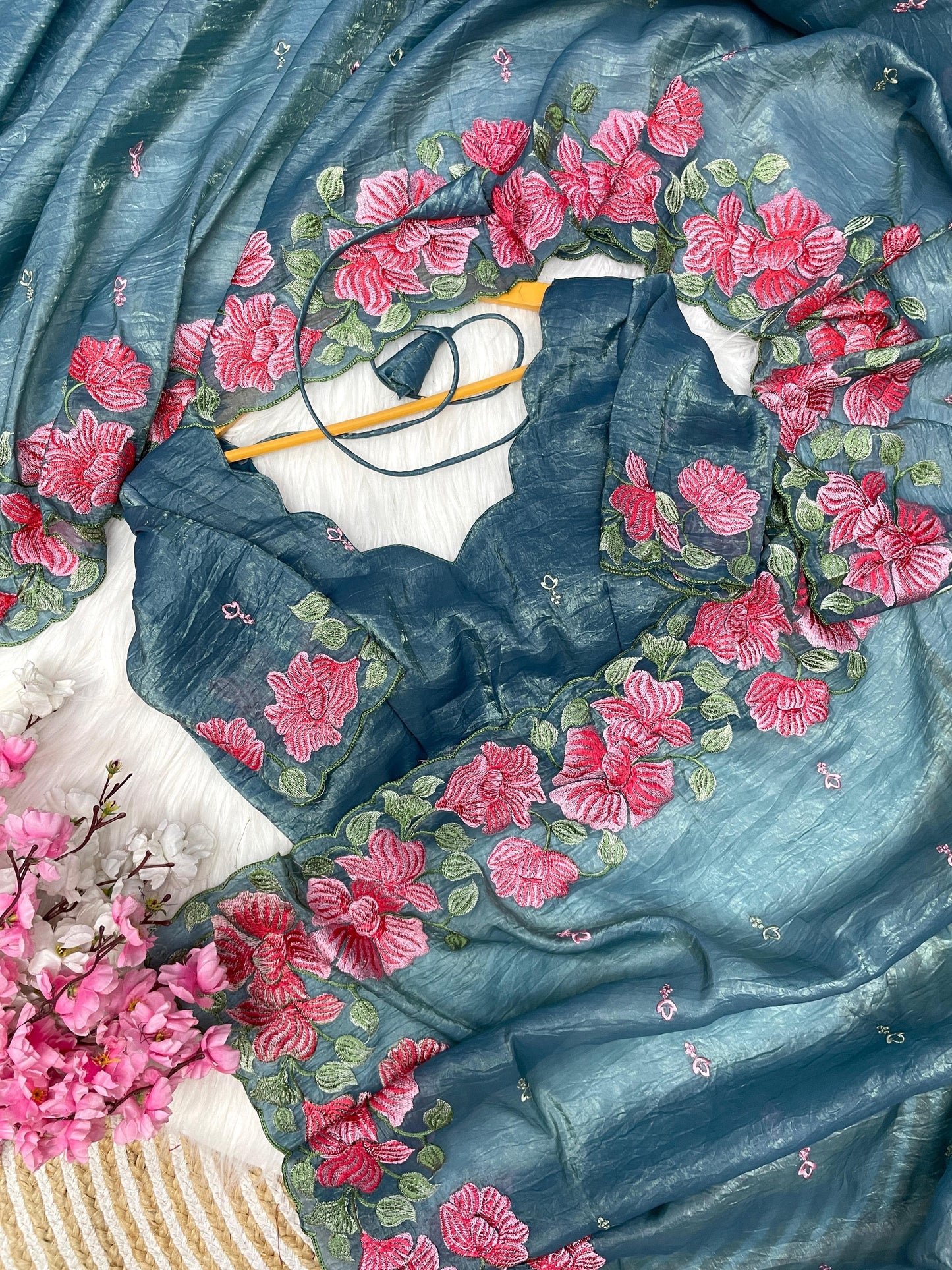 Premium crush embroidered saree with unstitched blouse